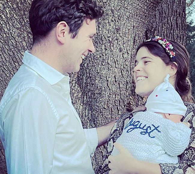 Princess Eugenie holding baby August opposite Jack Brooksbank
