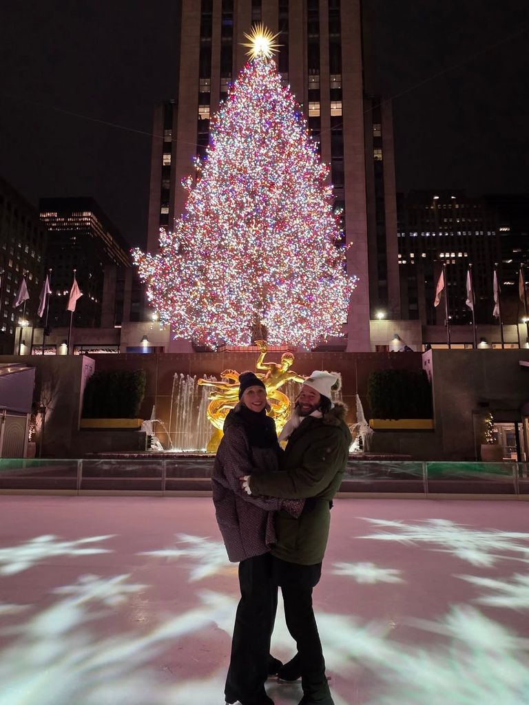 Keanu Reeves and Alexandra Grant pose for photos on the ice skating rink at Rockefeller Center, shared on Instagram