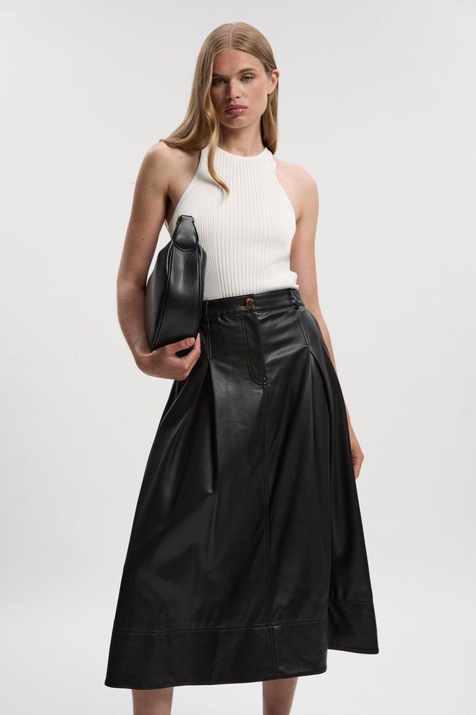 Karen Millen Black Faux Leather Tailored Full Midi Skirt