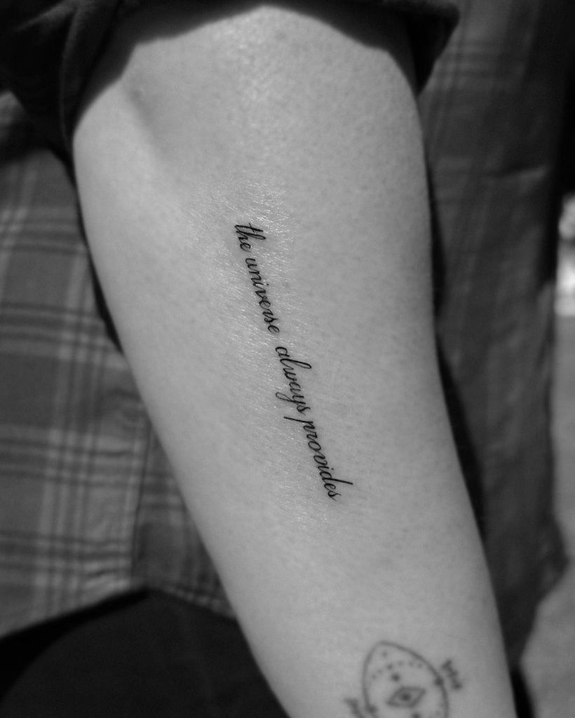 Jennifer's tattoo reads: "the universe always provides"