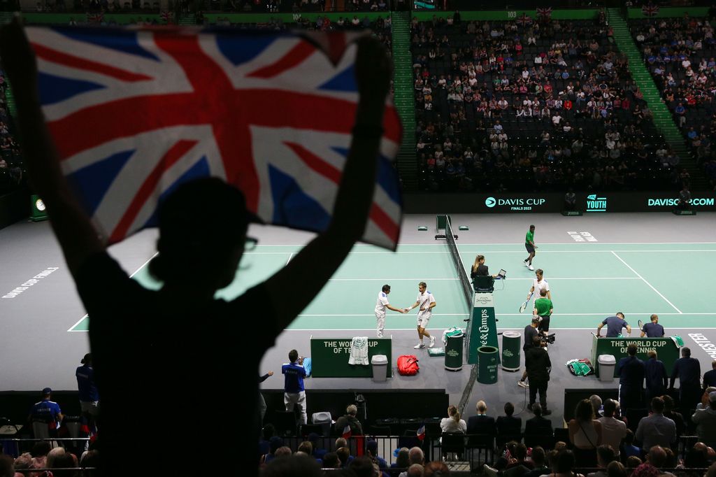 A fan waves a Union Jack flag during Davis Cup Finals