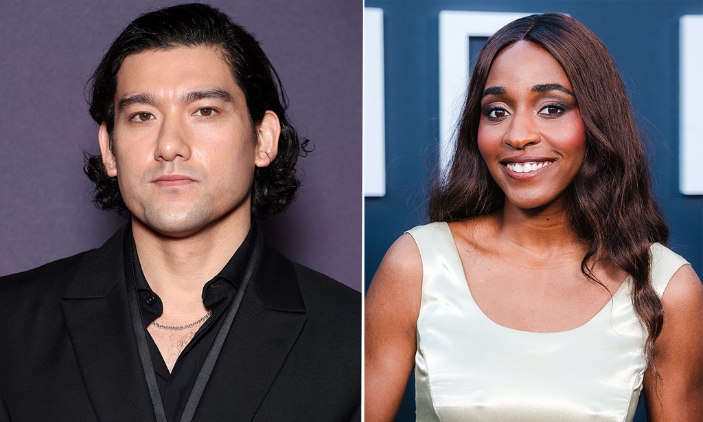 Two people pose separately on the red carpet