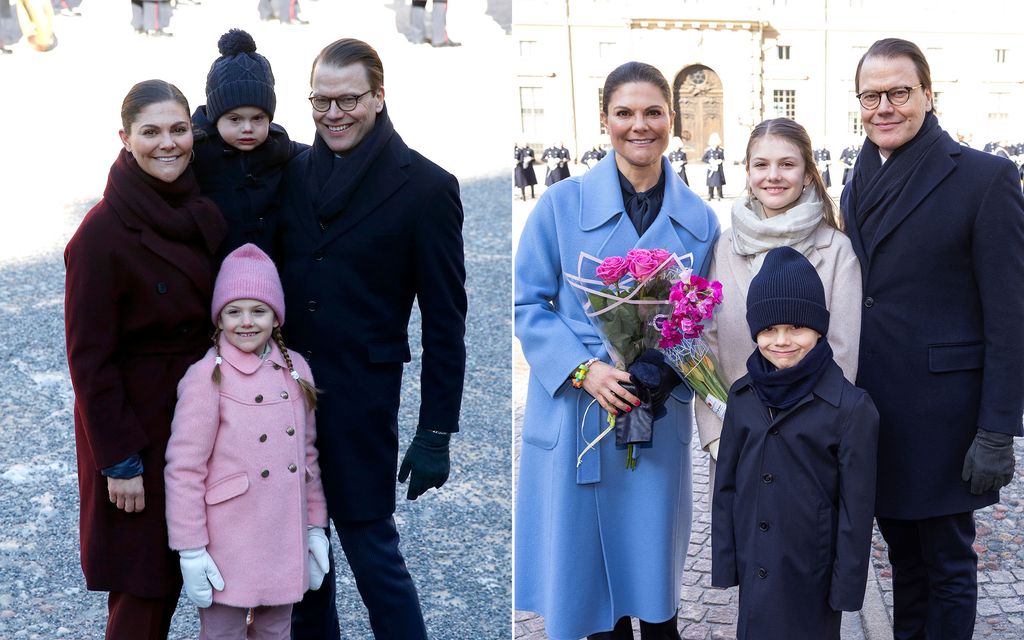 Princess Estelle and Prince Oscar with their parents in 2019 and 2024