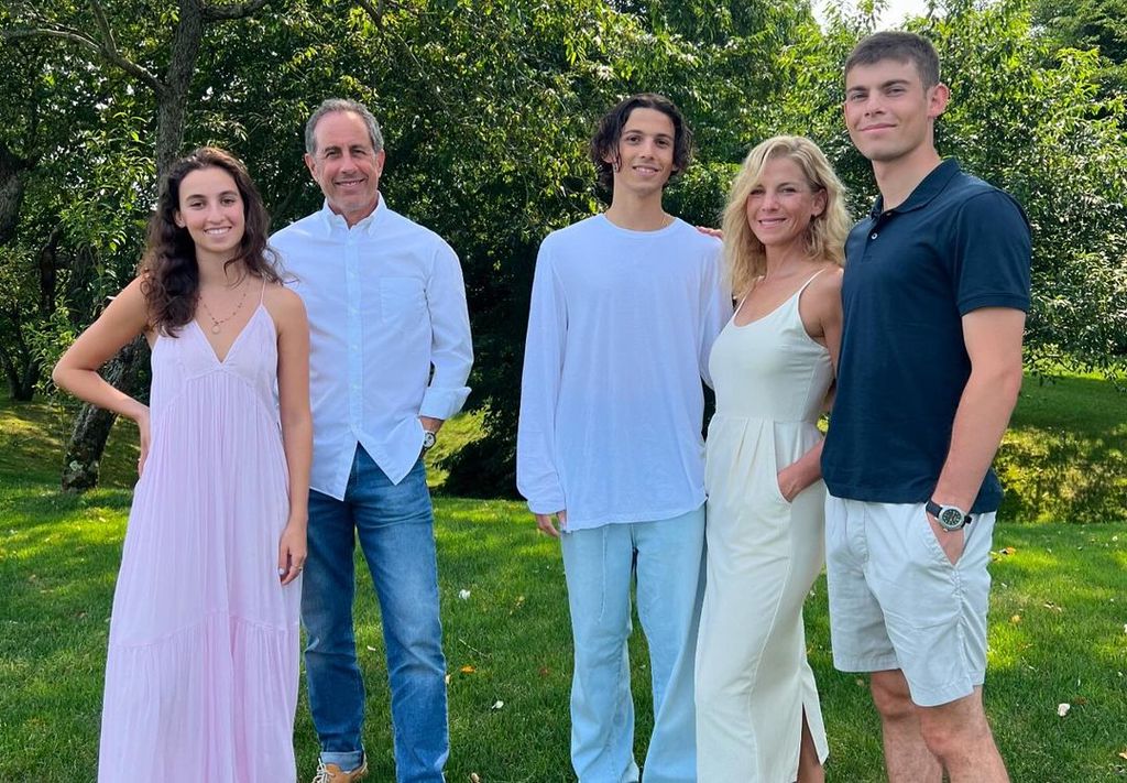 The Seinfeld family, Sascha, Jerry, Julian, Jessica, and Shepherd, pose for a photo before Shepherd's college move-in day, shared on Instagram