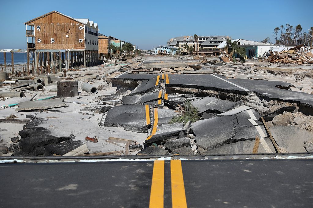 State Road 98 is torn up after Hurricane Michael passed through the area on October 12, 2018 in Mexico Beach, Florida.  The hurricane hit the panhandle area with category 4 winds causing major damage.