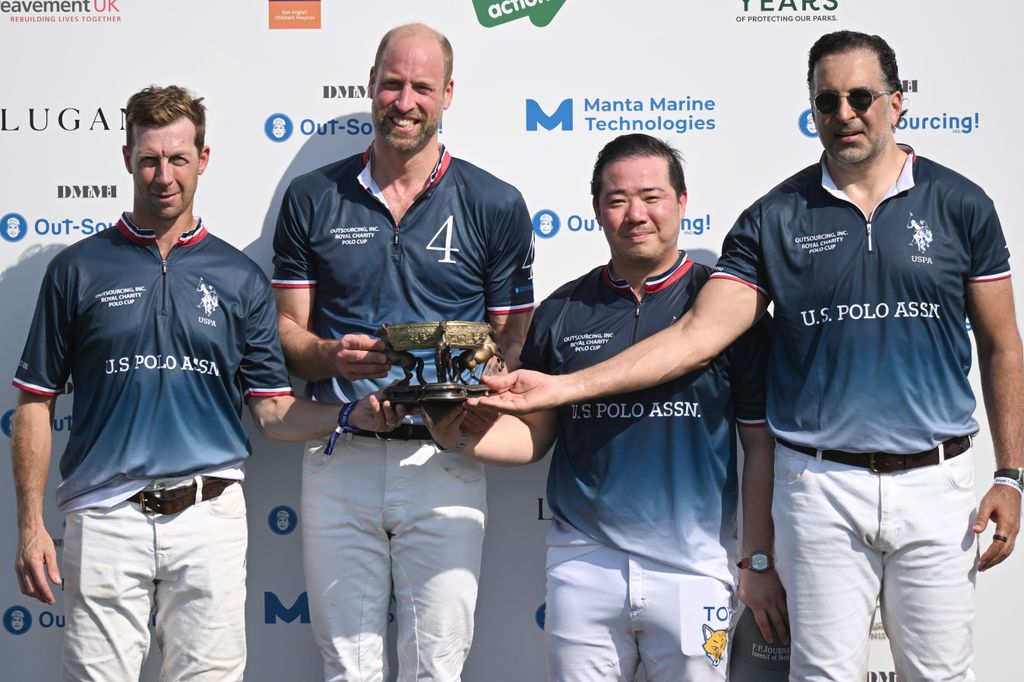James Beim, Prince William, Prince of Wales, Aiyawatt Srivaddhanaprabha and Amr Zedan during The Royal Charity Polo Cup 2025 at Guards Polo Club