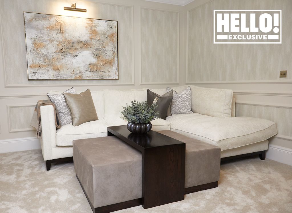 Jessica Wright cream sofa and grey marble coffee table