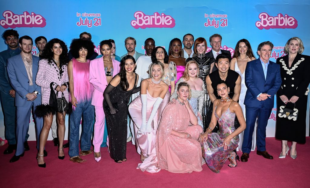 The cast of Barbie on pink carpet at UK premiere