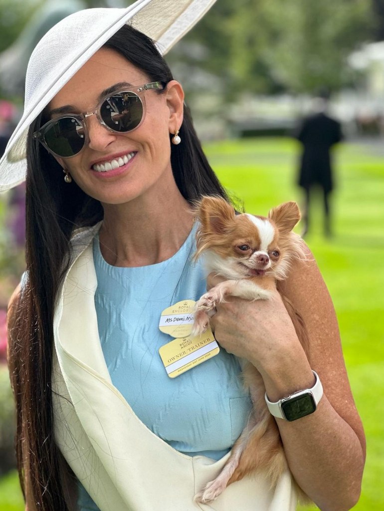 Photo shared by Demi Moore on Instagram June 2023 of herself at Royal Ascot with her dog Pilaf