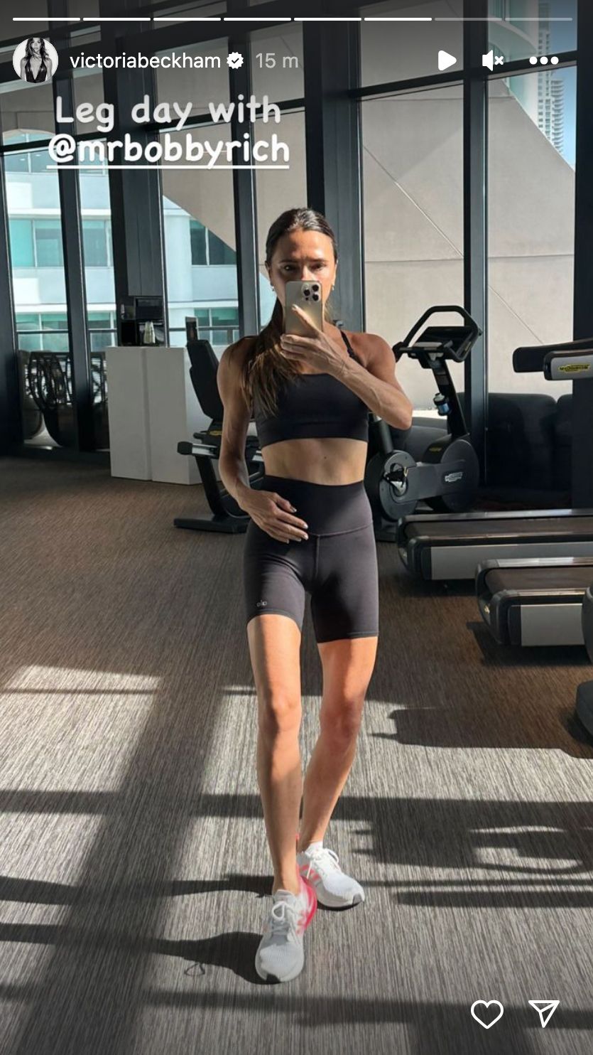 Victoria Beckham in workout gear at home gym