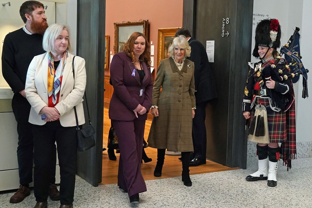 Camilla entering Aberdeen Art Gallery in checked dress coat
