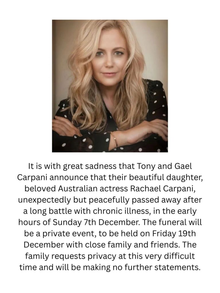 Rachael Carpani's family shares a statement announcing her passing at the age of 45 on social media, shared on Instagram