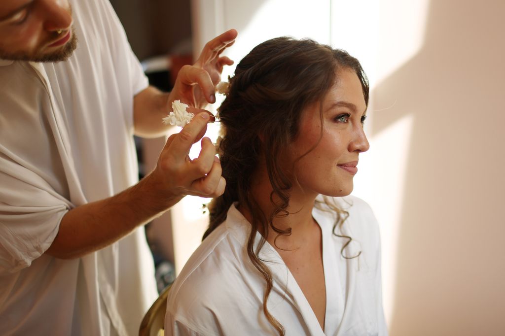 A bride getting ready before her wedding ceremony