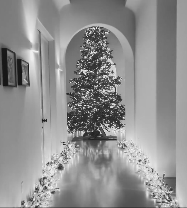 hallway in black and white with xmas tree at end