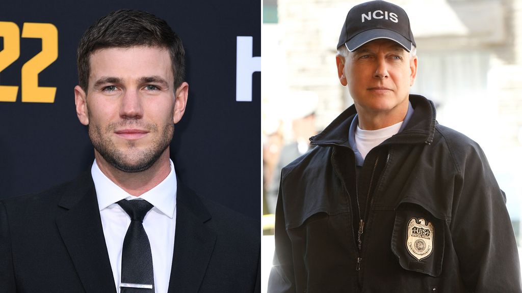 Split image of Austin Stowell and Mark Harmon as Gibbs 