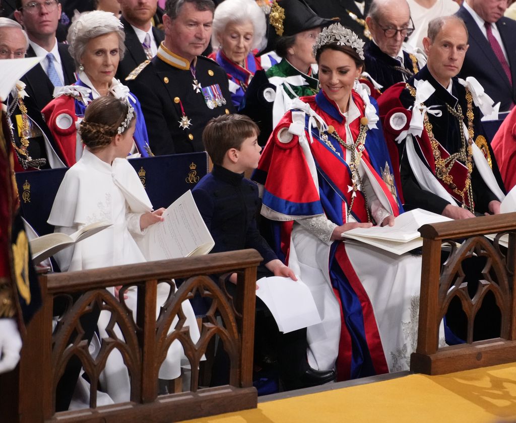 Princess Charlotte, Prince Louis and the Princess of Wales, and the Duke of Edinburgh during the Coronation of King Charles III and Queen Camilla