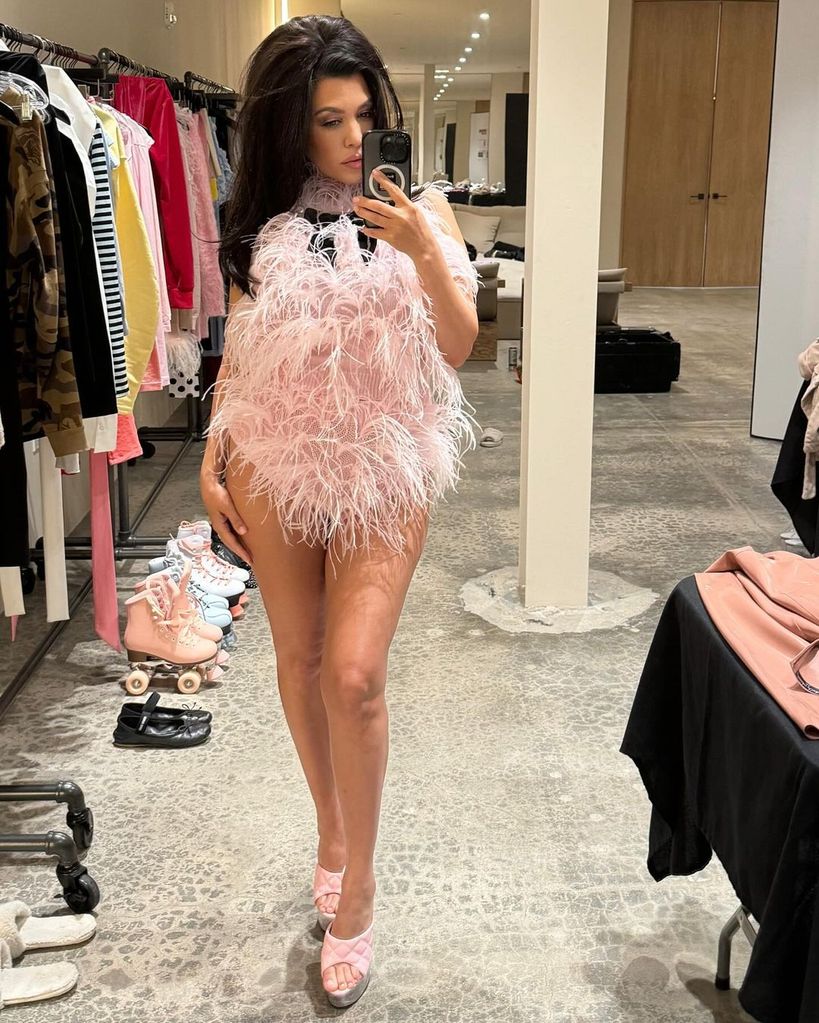 kourtney kardashian pink feathered bodysuit lemme glow lollipops