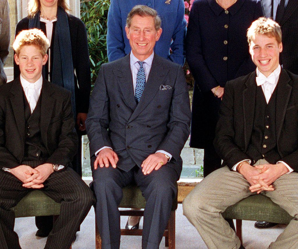 Prince Harry, King Charles and Prince William in suits at Eton College