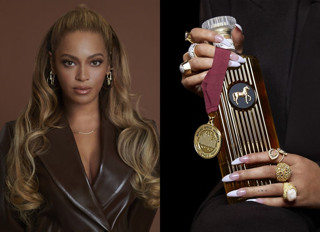 Picture of Beyonce on left and Beyonce holding a bottle of SirDavis on the right 