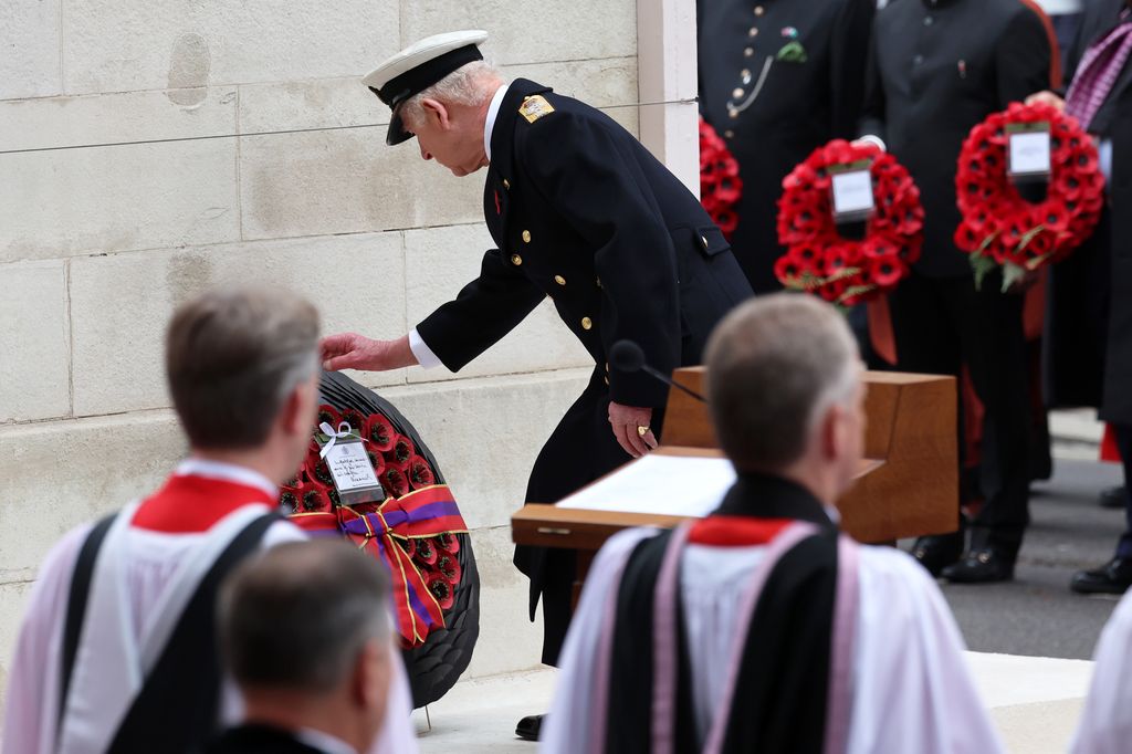 King Charles lays his wreath during the National Service of Remembrance at The Cenotaph