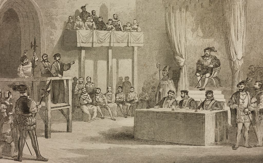 The trial of John Lambert in the presence of Henry VIII, Westminster, England