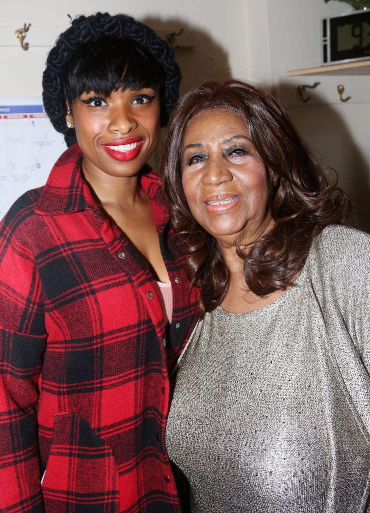 Jennifer Hudson and Aretha Franklin pose backstage at the hit musical "The Color Purple" on Broadway on December 15, 2015 in New York City