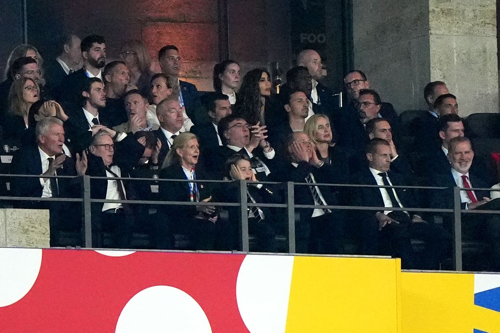 Prime Minister Sir Keir Starmer, Prince George and the Prince of Wales react late in the match during the UEFA Euro 2024 final match at Olympiastadion, Berlin