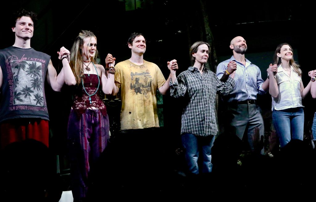 Graham Campbell, Elle Fanning, Michael Esper Sarah Paulson, Corey Stoll, Natalie Gold and cast during the opening night curtain call for the Second Stage Theater play "Appropriate" on Broadway at The Hayes Theater on December 18, 2023 in New York City.