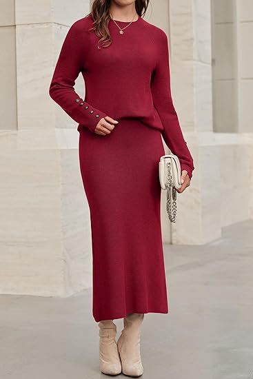 Arach and Cloz Women Wool Blend Sweater 2 Piece Sets Fall Business Lounge Long Sleeve Top Midi Dress Outfits  
