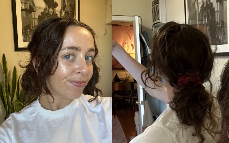 Tess's messy low bun