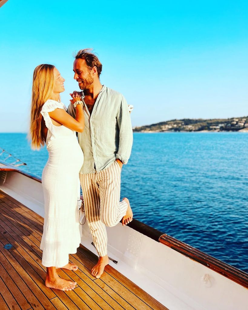 Alizee Thevenet in a white ruffled dress on a boat with James Middleton