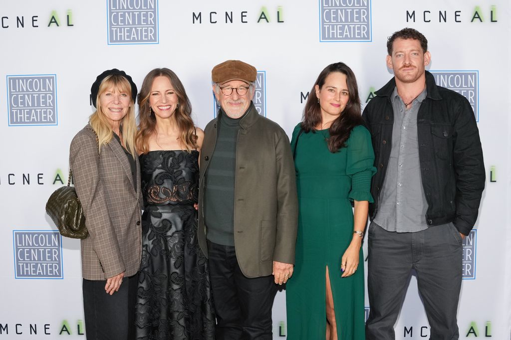 Kate Capshaw, Susan Downey, Steven Spielberg, Raye Spielberg, and Sawyer Spielberg attend "McNeal" opening night at Lincoln Center Theater starring Robert Downey Jr. on September 30, 2024 in New York City.