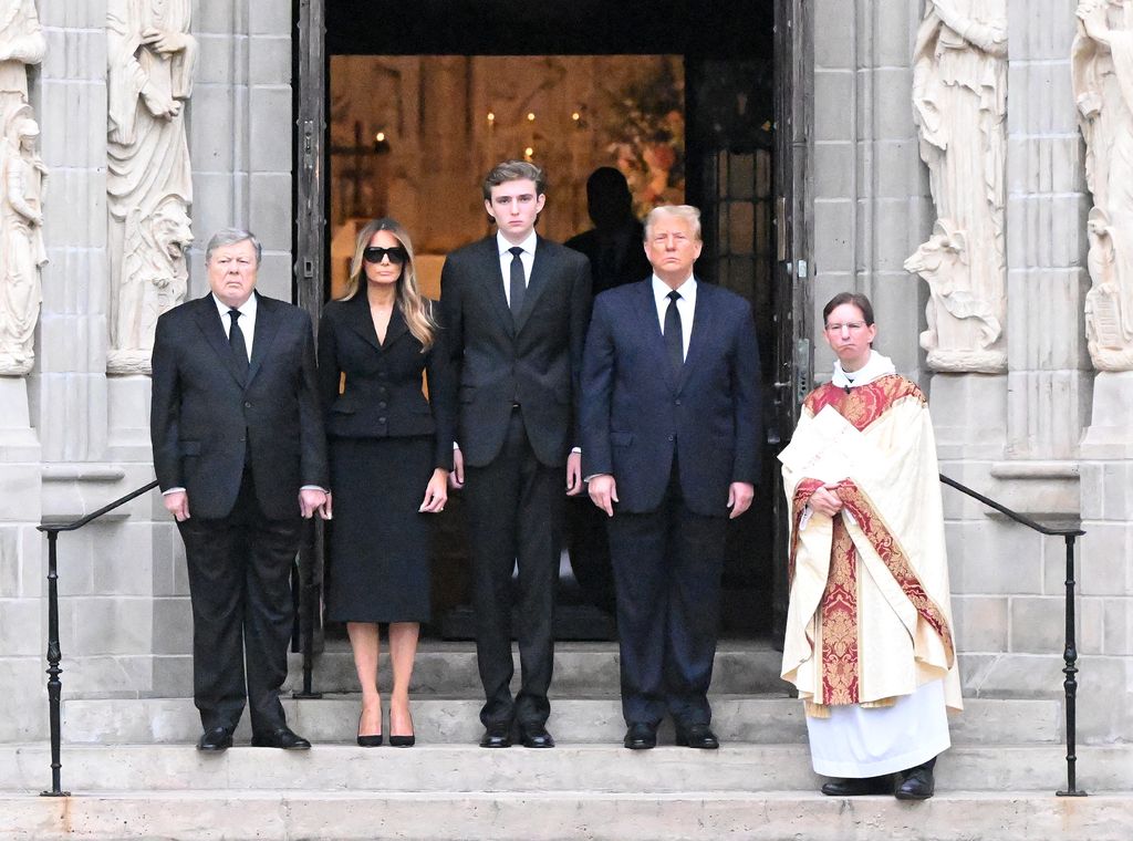 Viktor Knavs, Melania Trump,  Barron Trump and Donald Trump are seen at the funeral of Melania's mother Amalija Knavs