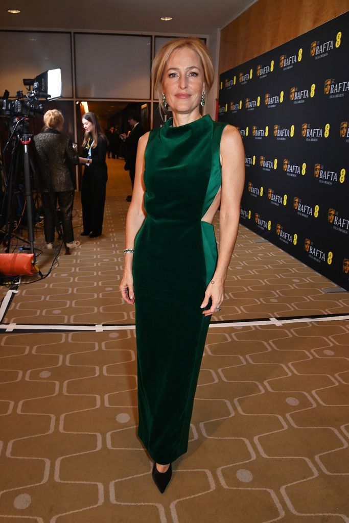 Gillian Anderson poses backstage during the EE BAFTA Film Awards 2024 at The Royal Festival Hall on February 18, 2024 in London, England.