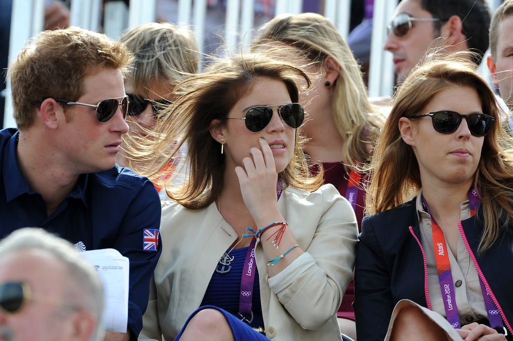 Princess Beatrice and Princess Eugenie supporting Zara alongside Prince Harry at the 2012 Olympics 
