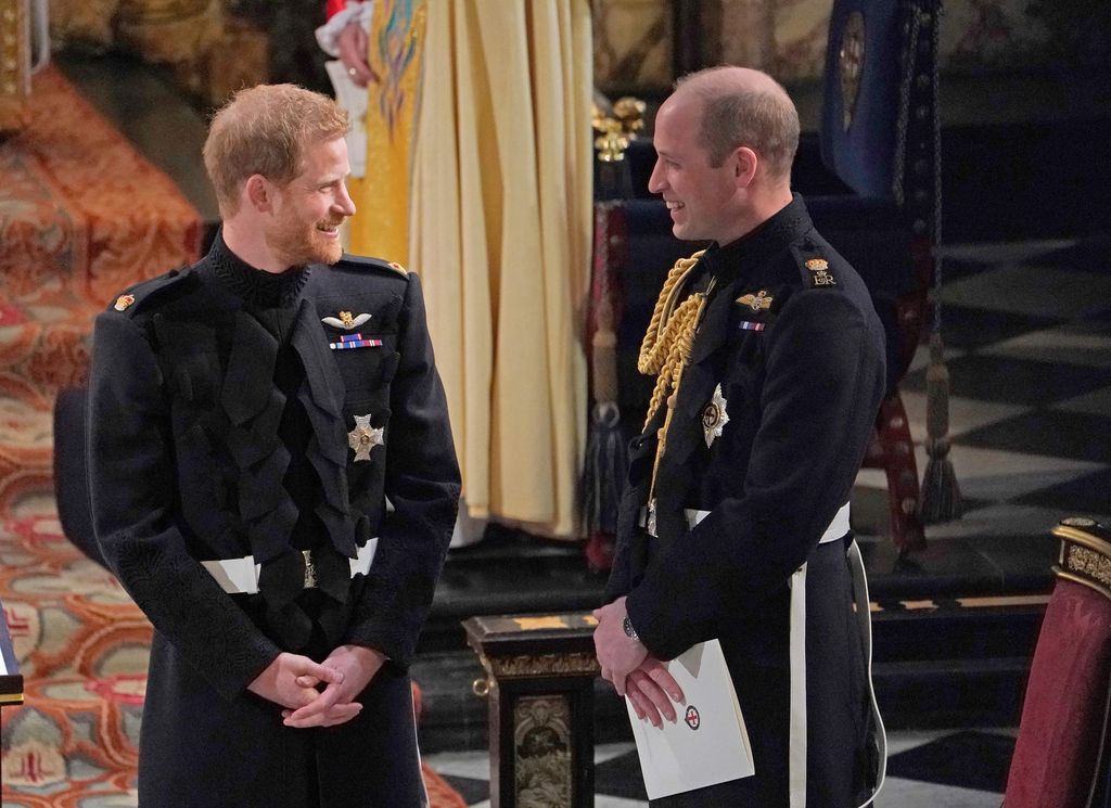 Prince Harry and Prince William laughing at Harry's wedding