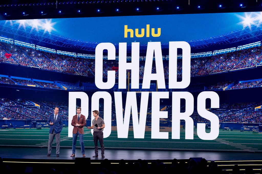 PEYTON MANNING, ELI MANNING, GLEN POWELL  promoting Chad Powers at the Disney Advertising Upfront