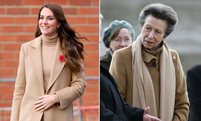 Split screen of Kate Middleton and Princess Anne in nude hues