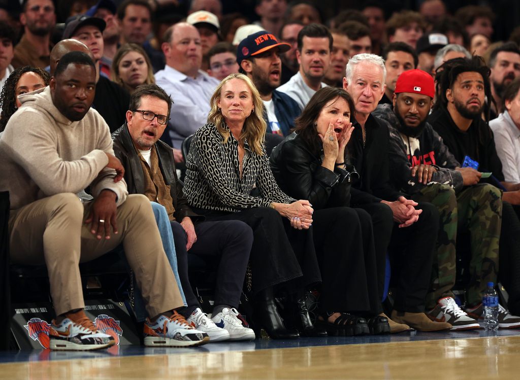 Michael J. Fox and Tracy Pollan watch courtside during game three of the Eastern Conference playoffs between the Cleveland Cavaliers and the New York Knicks at Madison Square Garden