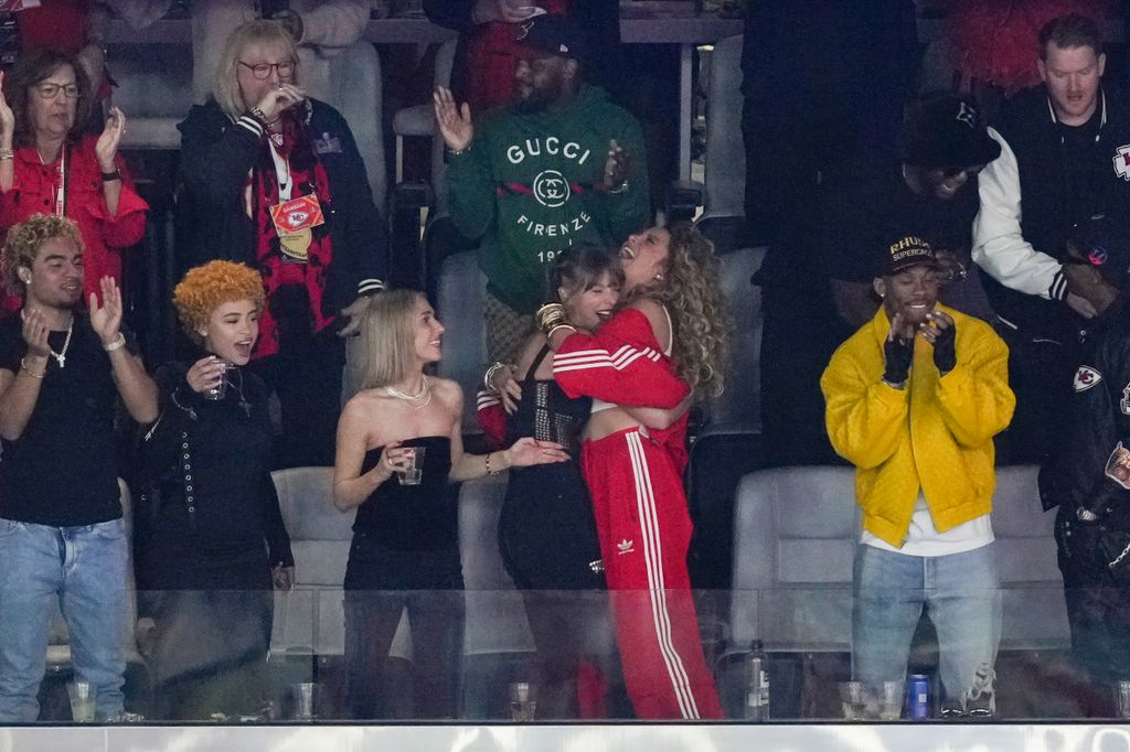 RIOTUSA, Ice Spice, Taylor Swift, Blake Lively and Aric Jones celebrate during the NFL Super Bowl LVIII game between the Kansas City Chiefs and the San Francisco 49ers on February 11, 2024 in Las Vegas, Nevada. (Photo by Todd Rosenberg/Getty Images)