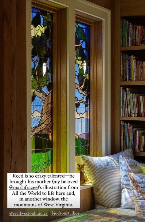 photo showing Jennifer Garner's stained glass windows in reading book at home