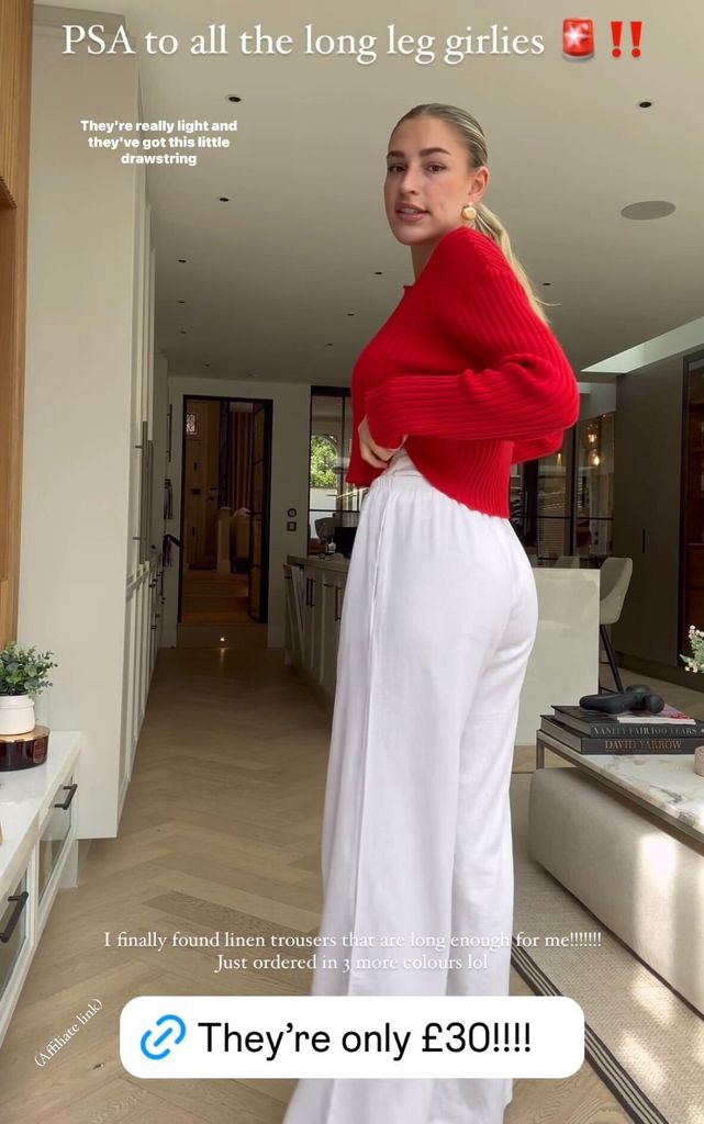 Zara McDermott wearing white linen trousers