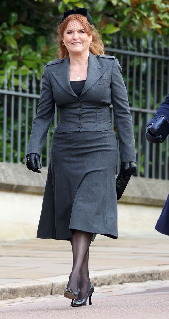 Sarah, Duchess of York walking in grey skirt suit