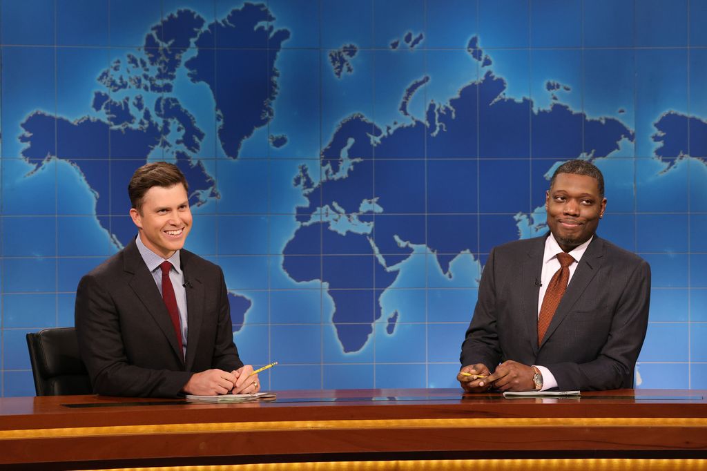 SATURDAY NIGHT LIVE -- Episode 1865 -- Pictured: Anchor Colin Jost and anchor Michael Che during Weekend Update on Saturday, September 28, 2024