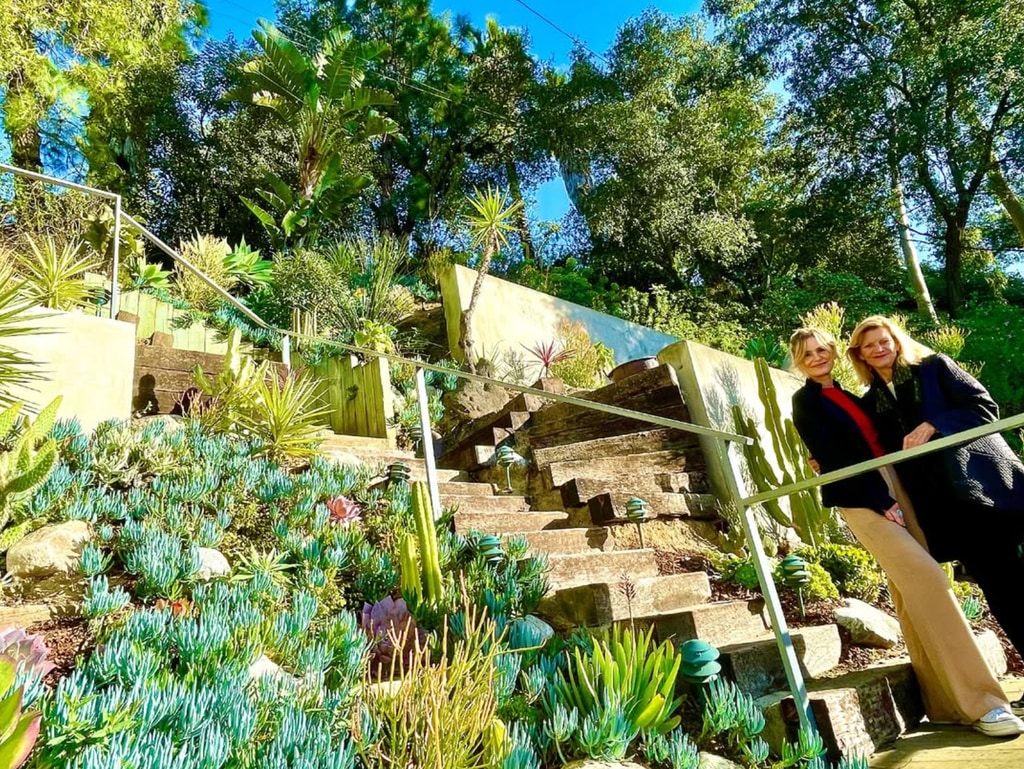 Photo shared by Kyra Sedgwick on Instagram April 29, 2015 posing with her landscape architect Patricia Foulkrod at her Los Feliz home in Los Angeles