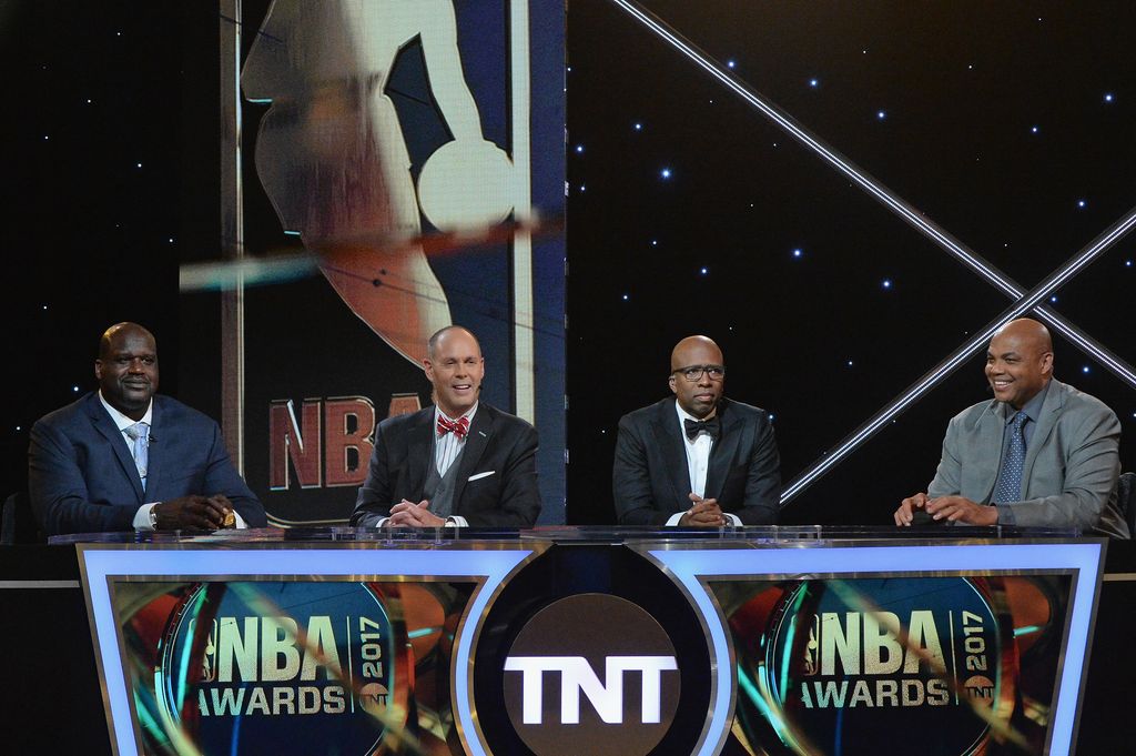 Shaquille O'Neal, Ernie Johnson, Kenny Smith, and Charles Barkley speak onstage during the 2017 NBA Awards Live
