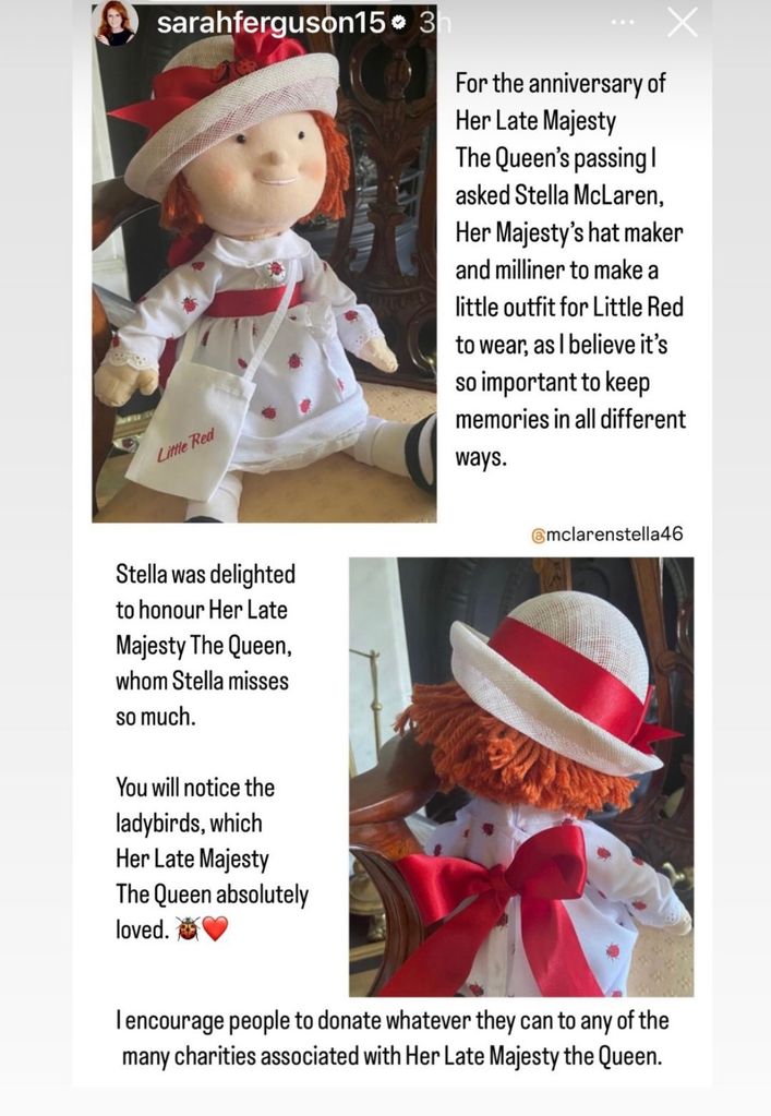 Sarah asked the Queen's milliner to create a bespoke outfit and hat for her character Little Red