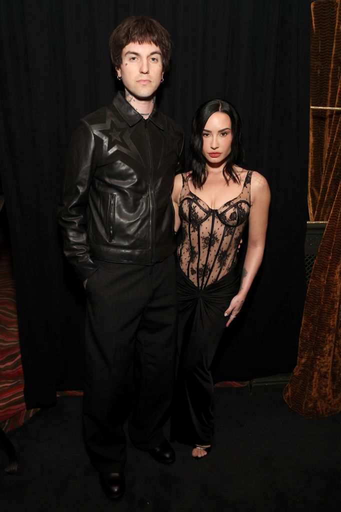 Jutes and Demi Lovato attend the W Magazine, Charli XCX, and Saint Laurent Grammy after party at Bar Marmont on February 01, 2026 in Los Angeles, California