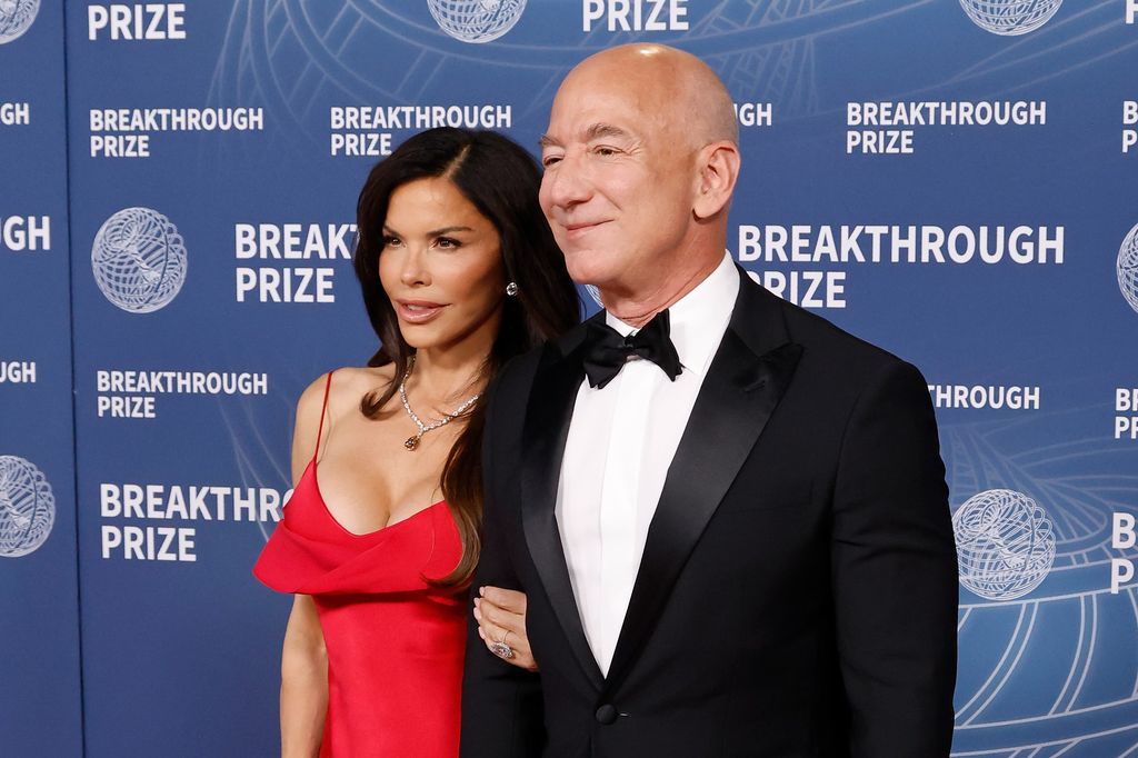 Lauren Sanchez and Jeff Bezos attend the 2025 Breakthrough Prize Ceremony at Barker Hangar on April 05, 2025 in Santa Monica, California.  (Photo by Taylor Hill/FilmMagic)