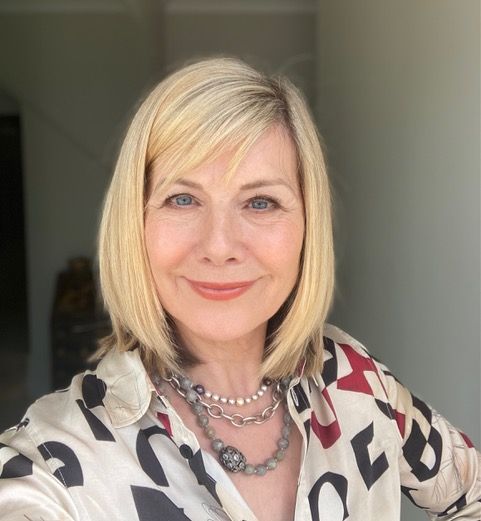 Selfie of Glynis Barber in a printed shirt